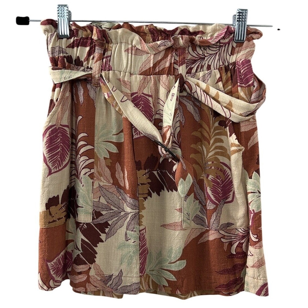 Aeropostale Tropical Linen Blend Skirt XS Rust Paperbag Waist Boho Summer Beach